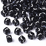 Opaque Acrylic Beads, Horizontal Hole, Alphabet Style, Cube, Black & White, Letter.J, 5x5x5mm, Hole: 2mm, about 5000pcs/500g(SACR-N002-01J)