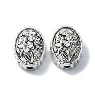 Tibetan Style Alloy Beads, Oval with Flower, Antique Silver, 14.5x11x5mm, Hole: 1.8mm, about 178pcs/500g(TIBEB-F065-02AS-02)