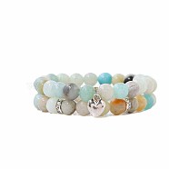 2Pcs 2 Style Natural Flower Amazonite Stretch Bracelets Set, Stackable Bracelets with Heart Charms, Round(LS3825-2)