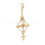 Brass Macrame Pouch Empty Stone Holder Cross Pendant Decoration, with 304 Stainless Steel Clasps, Golden, 70mm(HJEW-JM01288)