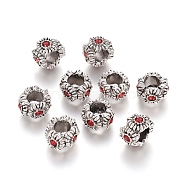 Antique Silver Plated Alloy European Beads, Large Hole Beads, with Rhinestone, Rondelle, Siam, 9~10x6.5mm, Hole: 4.5mm(MPDL-L030-M05-AS)