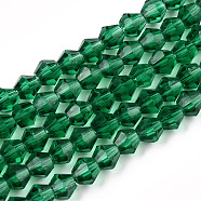 Imitation Austrian Crystal 5301 Bicone Beads, Faceted Glass Beads Strands, Green, 4x4mm, Hole: 1mm, about 88~89pcs/strand, 12.99~13.39 inch(GLAA-S026-08)