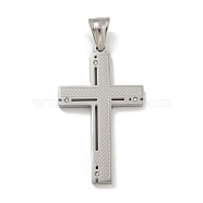 304 Stainless Steel Pendants, with Crystal Rhinestones, Cross Charm, Stainless Steel Color, 42x25x3mm, Hole: 7.5x4.5mm(STAS-D110-21AS)