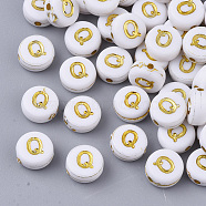 Plating Acrylic Beads, Golden Metal Enlaced, Horizontal Hole, Flat Round with Alphabet, White, Letter.Q, 7x3.5mm, Hole: 1.2mm, about 3600pcs/500g(PACR-R242-01Q)
