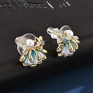 Brass Cubic Zirconia Stud Earrings, with Imitation Pearl, Ocean Series, Golden, Shell Shape, 14x13.5mm(EJEW-D301-03G-02)