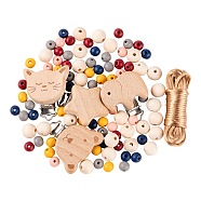 166Pcs 6 Style Painted Round Natural Round Wood Beads, with Star & Bear & Elephant & Cat Head Baby Pacifier Holder Clips and Nylon Cord, for DIY Nipple Clip Making, Mixed Color, Beads: 166pcs/bag(WOOD-LS0001-42)