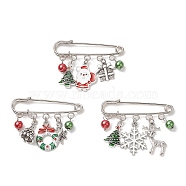 3Pcs 3 Style Christmas Tree & Wreath & Santa Claus & Alloy Enamel Charms Safety Pin Brooch, Shell Pearl Beaded Lapel Pin for Women, Mixed Color, 40~42x51x5mm, Pin: 1.5mm, 1Pc/style(JEWB-TA00011)