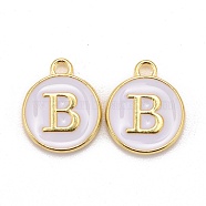 Golden Plated Alloy Charms, Cadmium Free & Lead Free, with Enamel, Enamelled Sequins, Flat Round with Letter, White, Letter.B, 14x12x2mm, Hole: 1.5mm(X-ENAM-S118-01B)