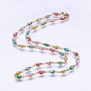 304 Stainless Steel Chain Necklaces, with Enamel and Lobster Claw Clasps, Ion Plating (IP), Oval with Evil Eye, Golden, 17.5 inch(44.5cm)(STAS-P164-30G)