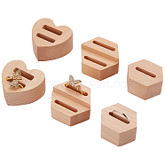 6Ppcs 3 Styles Wood Finger Ring Display Stands, Hexagon & Heart, Mixed Color, 2.15~3.55x3.75~4.2x2cm, 2pcs/style(RDIS-OC0001-04)