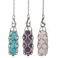 304 Stainless Steel Chain Macrame Pouch Bullet Natural Rose Quartz & Amethyst & Synthetic Turquoise Holder Dowsing Pendulums, 220mm, Hole: 1.8mm(PALLOY-JF02881)