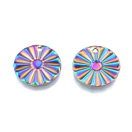 Ion Plating(IP) 201 Stainless Steel Pendant, Textured Charms, Flat Round with Flower, Rainbow Color, 18x1mm, Hole: 1.6mm(STAS-B027-08MC)