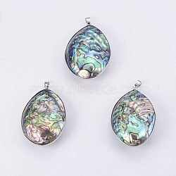 Abalone Shell/Paua Shell Big Pendants, with Platinum Tone Brass Bail, teardrop, 60~64x35~42x16~18mm, Hole: 4.5x8mm(SSHEL-L008-15P)