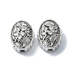 Tibetan Style Alloy Beads, Oval with Flower, Antique Silver, 14.5x11x5mm, Hole: 1.8mm, about 178pcs/500g(TIBEB-F065-02AS-02)