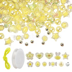 480Pcs Transparent/Imitation Pearl Acrylic Beads, 1 Roll Elastic Crystal Thread, Elastic Cord, for DIY Bracelet Making Kits, Yellow, Beads: 480pcs/bag(DIY-LS0003-05A)