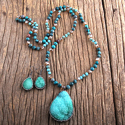 Teardrop Bohemian Style Glass with Natural Apatite Pendant Necklace & Dangle Earrings Sets, Gunmetal, Cyan, 860~880mm(FS-WG0DE9F-01)