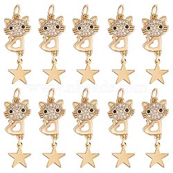 1Pc Eco-friendly Brass Micro Pave Clear Cubic Zirconia Pendants, with Jump Ring, Cadmium Free & Lead Free, Cat with Star, Real 18K Gold Plated, 23x9.5mm, Hole: 3.2mm(KK-SZ0002-36)