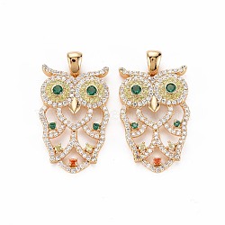 Brass Micro Pave Colorful Cubic Zirconia Pendants, with Brass Findings, Nickel Free, Owl, Real 18K Gold Plated, 29x18x3.5mm, Hole: 5x3mm(KK-S356-706)