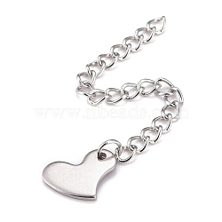 304 Stainless Steel Chain Extender, Curb Chain, with 202 Stainless Steel Charms, Heart, Stainless Steel Color, 63mm, Link: 3.7x3x0.5mm, Heart: 8.5x11x1mm(X-STAS-F268-49P)