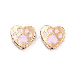 Alloy Enamel Beads, Heart with Paw Print Pattern, Golden, Pearl Pink, 11x11.5x3mm, Hole: 1mm(FIND-G077-03G-01)