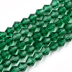 Imitation Austrian Crystal 5301 Bicone Beads, Faceted Glass Beads Strands, Green, 4x4mm, Hole: 1mm, about 82~85pcs/strand, 30.5~31cm(GLAA-S026-08)