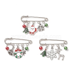 3Pcs 3 Style Christmas Tree & Wreath & Santa Claus & Alloy Enamel Charms Safety Pin Brooch, Shell Pearl Beaded Lapel Pin for Women, Mixed Color, 40~42x51x5mm, Pin: 1.5mm, 1Pc/style(JEWB-TA00011)