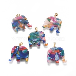 Resin Pendants, with Brass Finding, Elephant, Golden, Colorful, 27x27x2.5mm, Hole: 4x5mm(KK-G361-01G)