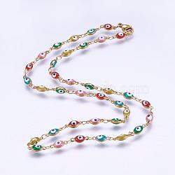 304 Stainless Steel Chain Necklaces, with Enamel and Lobster Claw Clasps, Ion Plating (IP), Oval with Evil Eye, Golden, 17.5 inch(44.5cm)(STAS-P164-30G)