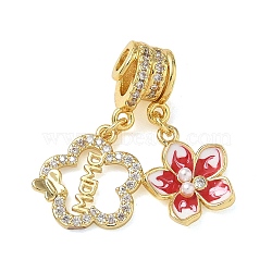 Mother's Day Brass Micro Pave Clear Cubic Zirconia Pendants, Flower with Word Mom Charm, with Enamel and ABS Plastic Imitation Pearl, Cadmium Free & Lead Free, Rack Plating, Long-Lasting Plated, Real 18K Gold Plated, Red, 29mm, Hole: 3~4mm(CU-CBA4231-02A-G)