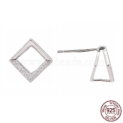 Rhodium Plated 925 Sterling Silver Stud Earring Findings, with Micro Pave Cubic Zirconia, Bar Links and Ice Pick Pinch Bail, Rhombus, Platinum, 10x10mm, Pin: 0.8mm(STER-F048-28P)