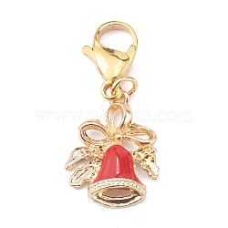 Christmas Theme Alloy Enamel Pendants, with 304 Stainless Steel Lobster Claw Clasps, Christmas Bell, Red, Golden, 34mm, Pendant: 20x16x4mm(HJEW-JM00427-02)