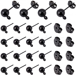 20Pcs 304 Stainless Steel Ball Post Stud Earring Findings, with Horizontal Loops and 316 Surgical Stainless Steel Pins, with 20Pcs Friction Ear Nuts, Electrophoresis Black, 17x9x6mm, Hole: 1.6mm, Pin: 0.8mm(STAS-SC0006-53)