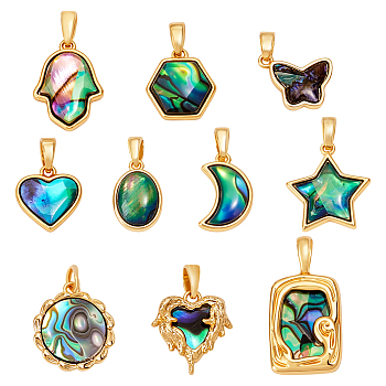 10Pcs 10 Styles Natural Paua Shell Pendants, with Brass Settings, Mixed Shapes, Real 18K Gold Plated, 11~24x9.5~16x3.5~5mm, Hole: 2mm, 1pc/style
