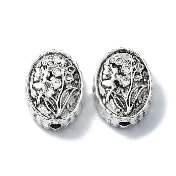 Tibetan Style Alloy Beads, Oval with Flower, Antique Silver, 14.5x11x5mm, Hole: 1.8mm, about 178pcs/500g