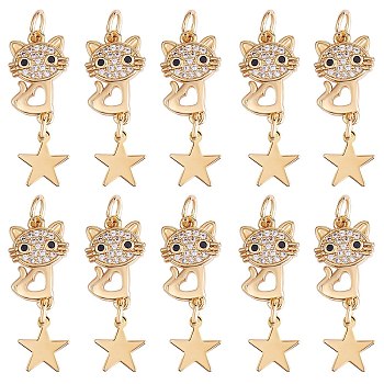 1Pc Eco-friendly Brass Micro Pave Clear Cubic Zirconia Pendants, with Jump Ring, Cadmium Free & Lead Free, Cat with Star, Real 18K Gold Plated, 23x9.5mm, Hole: 3.2mm