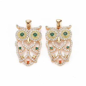 Brass Micro Pave Colorful Cubic Zirconia Pendants, with Brass Findings, Nickel Free, Owl, Real 18K Gold Plated, 29x18x3.5mm, Hole: 5x3mm