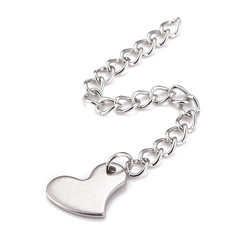 304 Stainless Steel Chain Extender, Curb Chain, with 202 Stainless Steel Charms, Heart, Stainless Steel Color, 63mm, Link: 3.7x3x0.5mm, Heart: 8.5x11x1mm