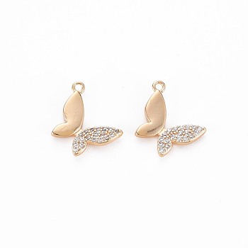 Brass Micro Pave Clear Cubic Zirconia Charms, Nickel Free, Butterfly, Real 18K Gold Plated, 13x11x1.5mm, Hole: 1mm
