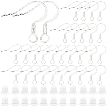 100Pcs Brass French Earring Hooks, with Horizontal Loop, Flat Earring Hooks Findings, 100Pcs Plastic Ear Nuts, 925 Sterling Silver Plated, 4~16x4~16x1.5~4mm, Hole: 1~2mm