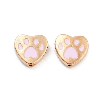 Alloy Enamel Beads, Heart with Paw Print Pattern, Golden, Pearl Pink, 11x11.5x3mm, Hole: 1mm