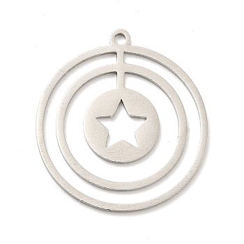 201 Stainless Steel Pendants, Flat Round with Star, Stainless Steel Color, 29.5x27x1mm, Hole: 1.6mm