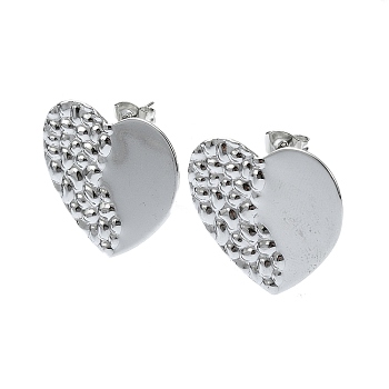 201 Stainless Steel Stud Earrings, with 304 Stainless Steel Pins, Textured Heart, Stainless Steel Color, 22x23mm