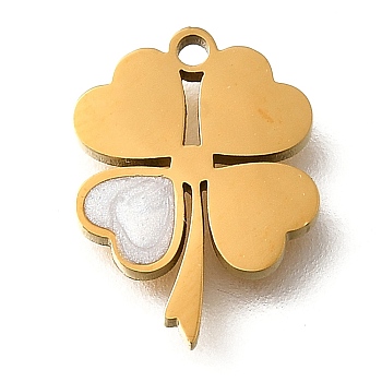 304 Stainless Steel Charms, Clover, with Plastic Imitation Shell, Ion Plating(IP) , Golden, 13x9.5x1.5mm, Hole: 1mm