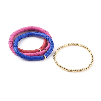 Stretch Beaded Bracelets Sets, with Handmade Polymer Clay Heishi Beads and Brass Round Beads, Golden, Mixed Color, Inner Diameter: 2-1/8 inch(5.3cm), 2-1/8 inch(5.4cm), 4pcs/set