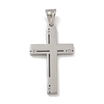 304 Stainless Steel Pendants, with Crystal Rhinestones, Cross Charm, Stainless Steel Color, 42x25x3mm, Hole: 7.5x4.5mm