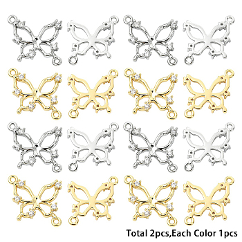 2Pcs 2 Colors Brass Pave Clear Cubic Zirconia Connector Charms, Butterfly Links, Cadmium Free & Nickel Free & Lead Free, Platinum & Golden, 15x16.5x2.5mm, Hole: 1.2mm, 1pc/color