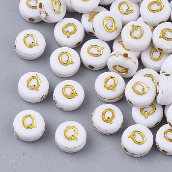 Plating Acrylic Beads, Golden Metal Enlaced, Horizontal Hole, Flat Round with Alphabet, White, Letter.Q, 7x3.5mm, Hole: 1.2mm, about 3600pcs/500g