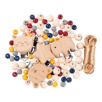 166Pcs 6 Style Painted Round Natural Round Wood Beads, with Star & Bear & Elephant & Cat Head Baby Pacifier Holder Clips and Nylon Cord, for DIY Nipple Clip Making, Mixed Color, Beads: 166pcs/bag