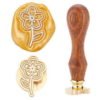 Brass Wax Seal Stamp, with Rosewood Handle, for Post Decoration, DIY Card Making, Sakura Pattern, Golden, 2.5cm