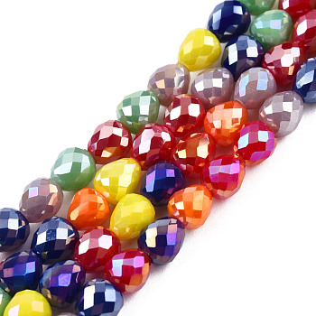 Electroplate Opaque Solid Color Glass Beads Strands, AB Color Plated, Faceted, Strawberry, Red, 4~4.5x4mm, Hole: 1mm, about 100~101Pcs/strand, 17.99 inch~18.19 inch(45.7~46.2cm)